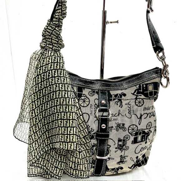 Vgt Coach  Chelsea Horse  Carriage Shoulder Bag Canvas Gray Blk W/Fendi Scarf(21 - Picture 1 of 16